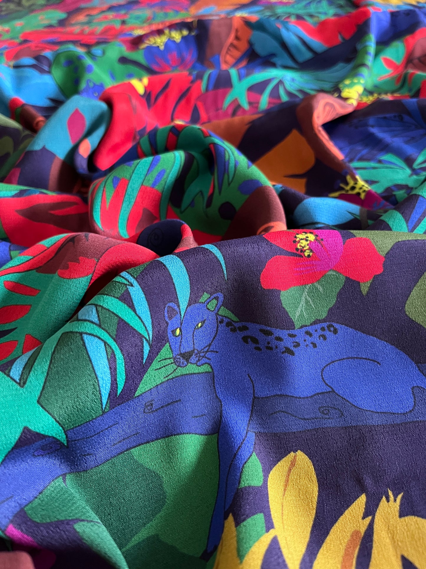 SILVIA  Blue Panther Jungle Print Viscose Marocain. Sustainably made in Italy. - Matrona: Sustainable Textiles and Fashion