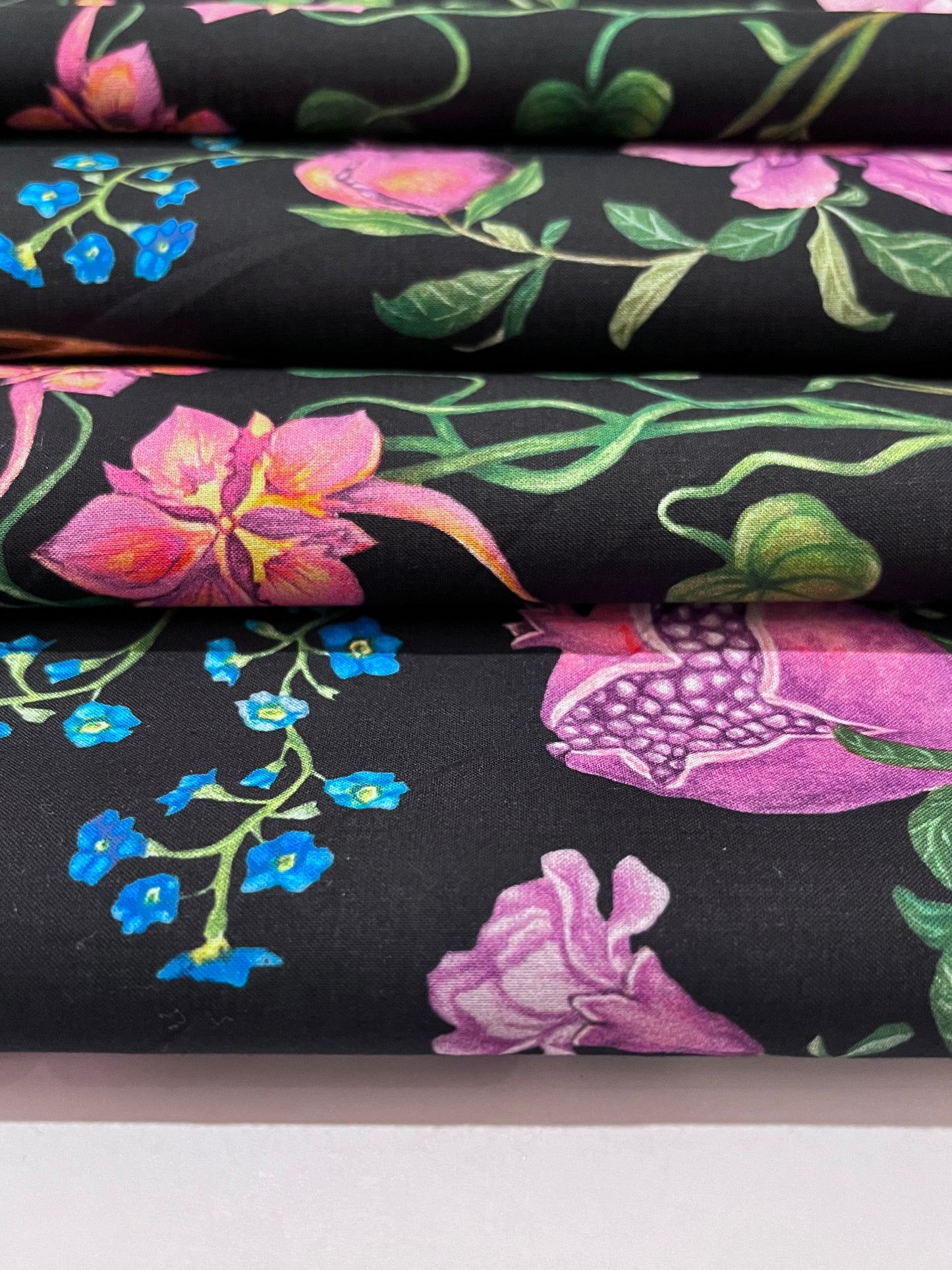 NARINE Pomegranate Floral Print Fused Cotton Lawn. Sustainably made in Italy.