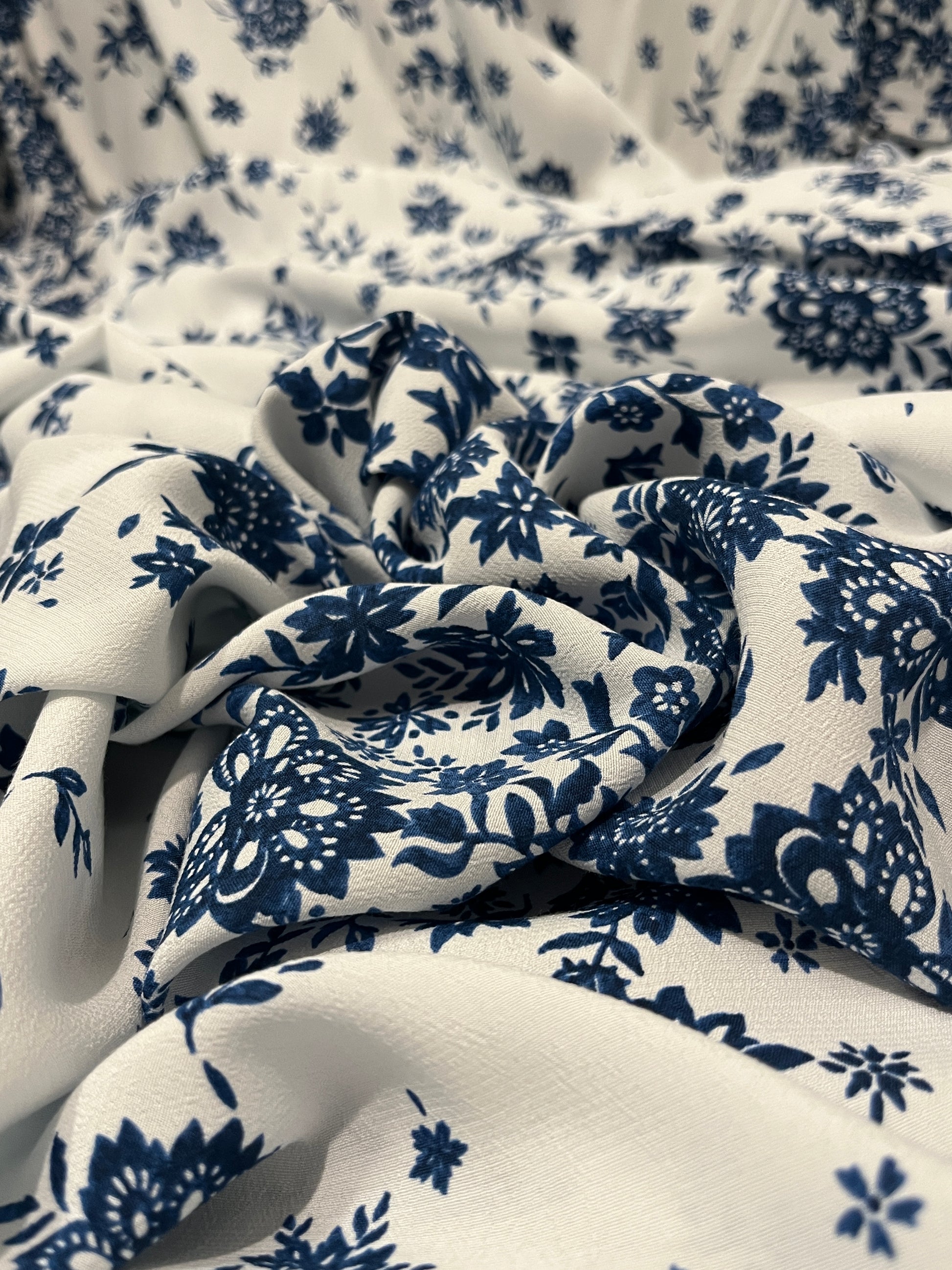 ANASTASIA Porcelain Floral Print Crepe Texture Viscose Marocain. Sustainably made in Italy. - Matrona: Sustainable Textiles and Fashion