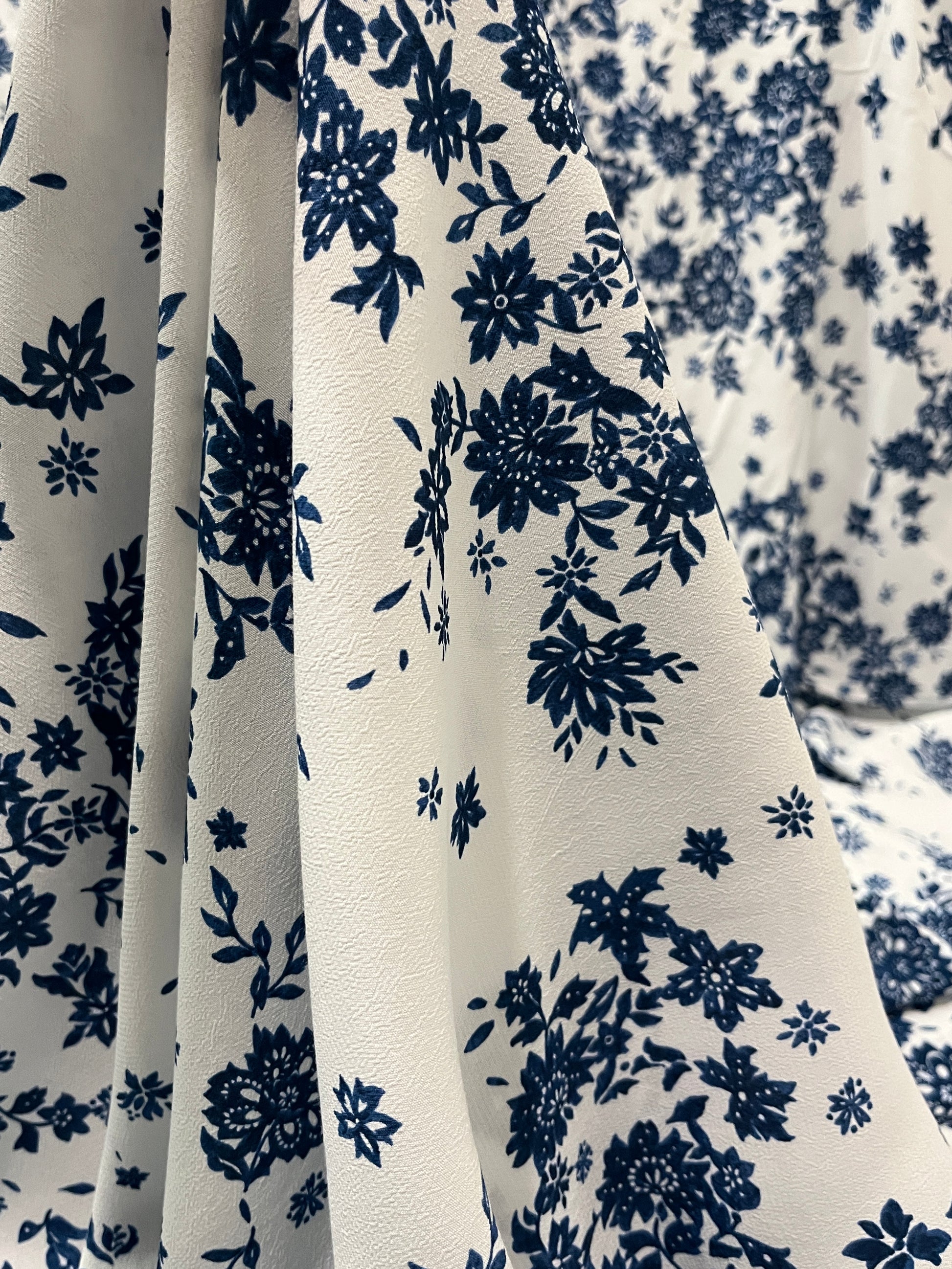 ANASTASIA Porcelain Floral Print Crepe Texture Viscose Marocain. Sustainably made in Italy. - Matrona: Sustainable Textiles and Fashion