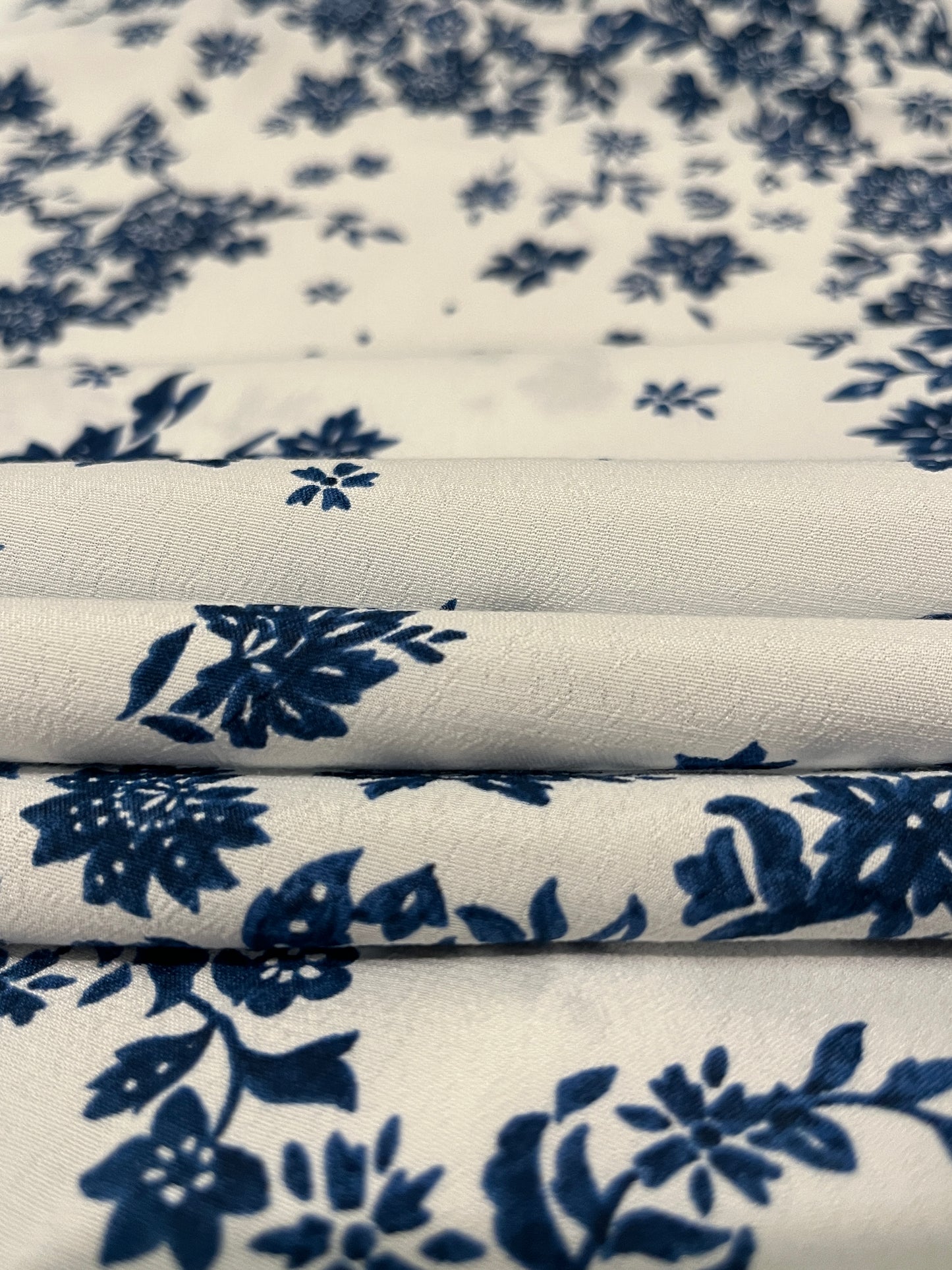 ANASTASIA Porcelain Floral Print Crepe Texture Viscose Marocain. Sustainably made in Italy. - Matrona: Sustainable Textiles and Fashion